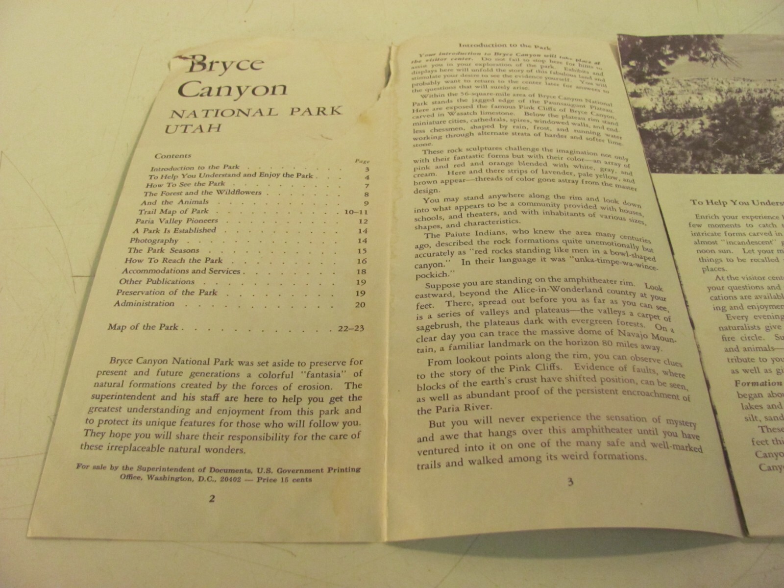 Bryce Canyon National Park Utah Pamphlent Map – Reprint 1966