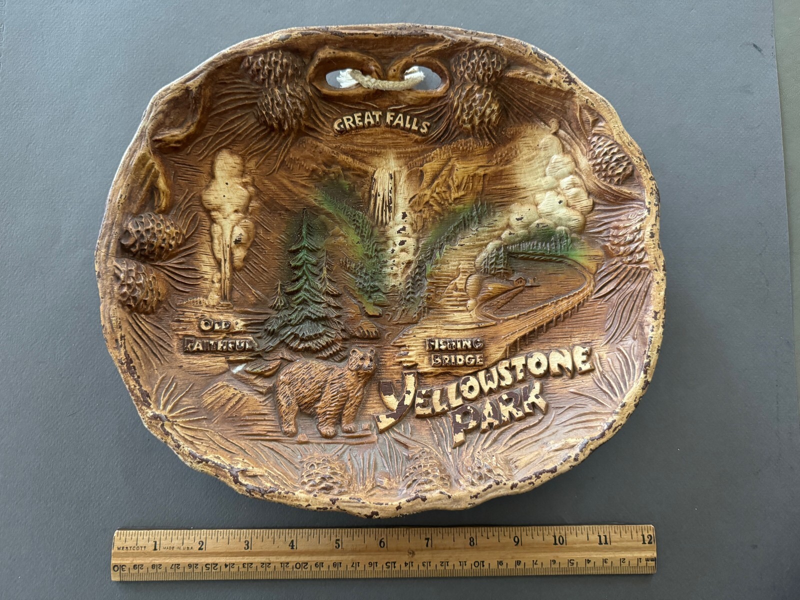 VINTAGE EMBOSSED TACO YELLOWSTONE PARK SOUVENIR RESIN WALL HANGING PLATE TRAY