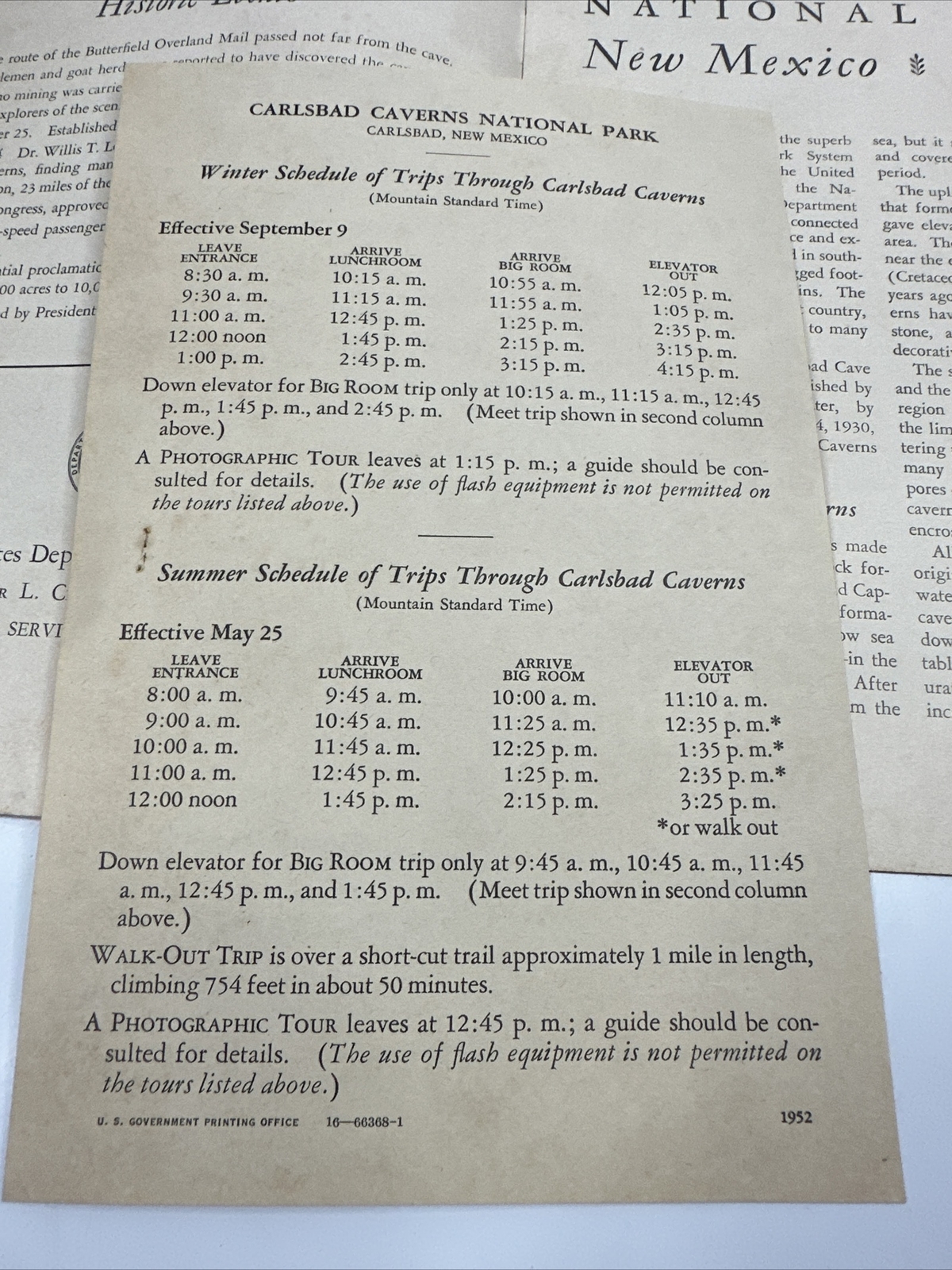 1951 Carlsbad Caverns National Park Brochure Photos Vintage Original w/ Schedule