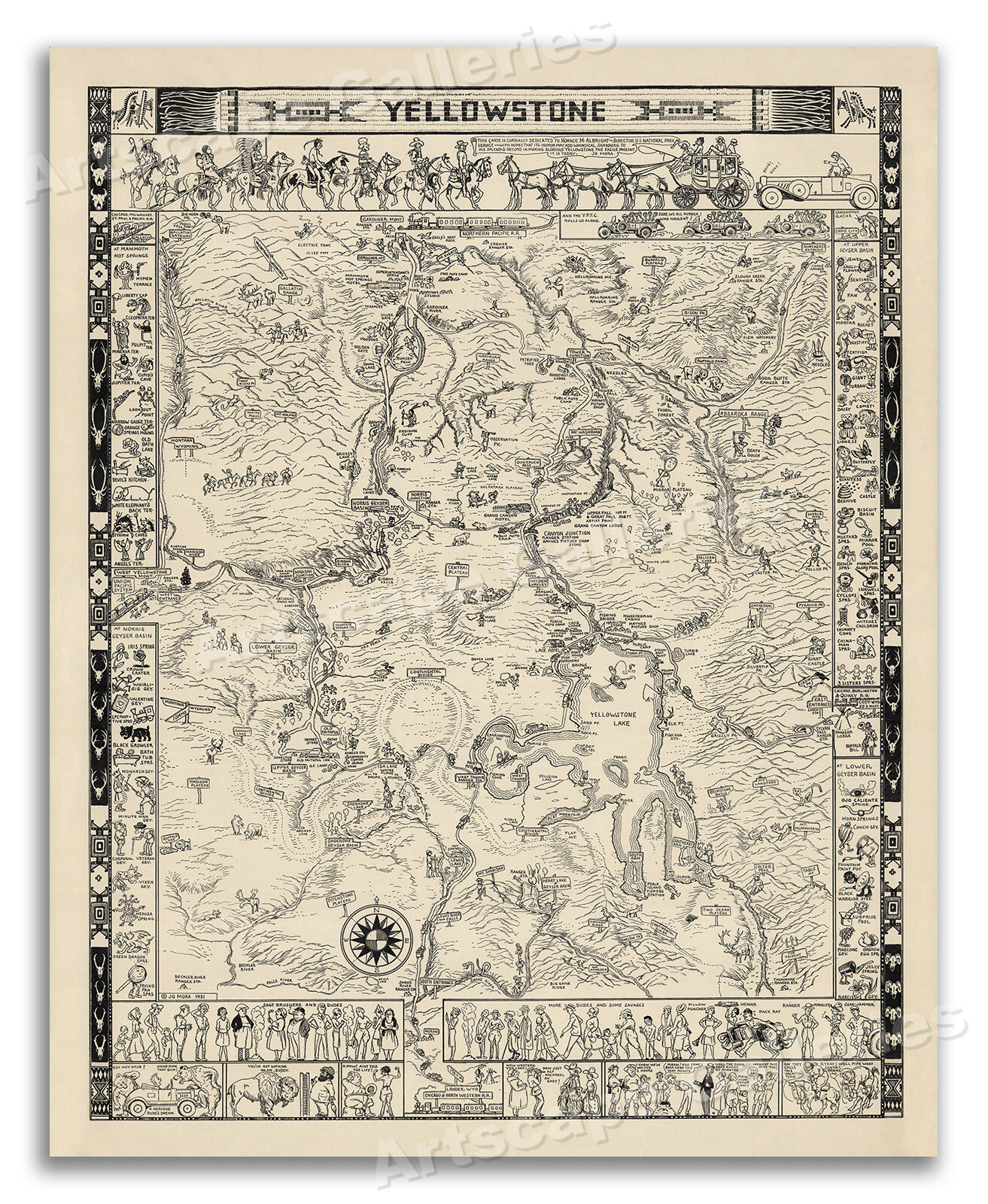 Yellowstone National Park – 1931 Vintage Style Illustrated Map – 20×24