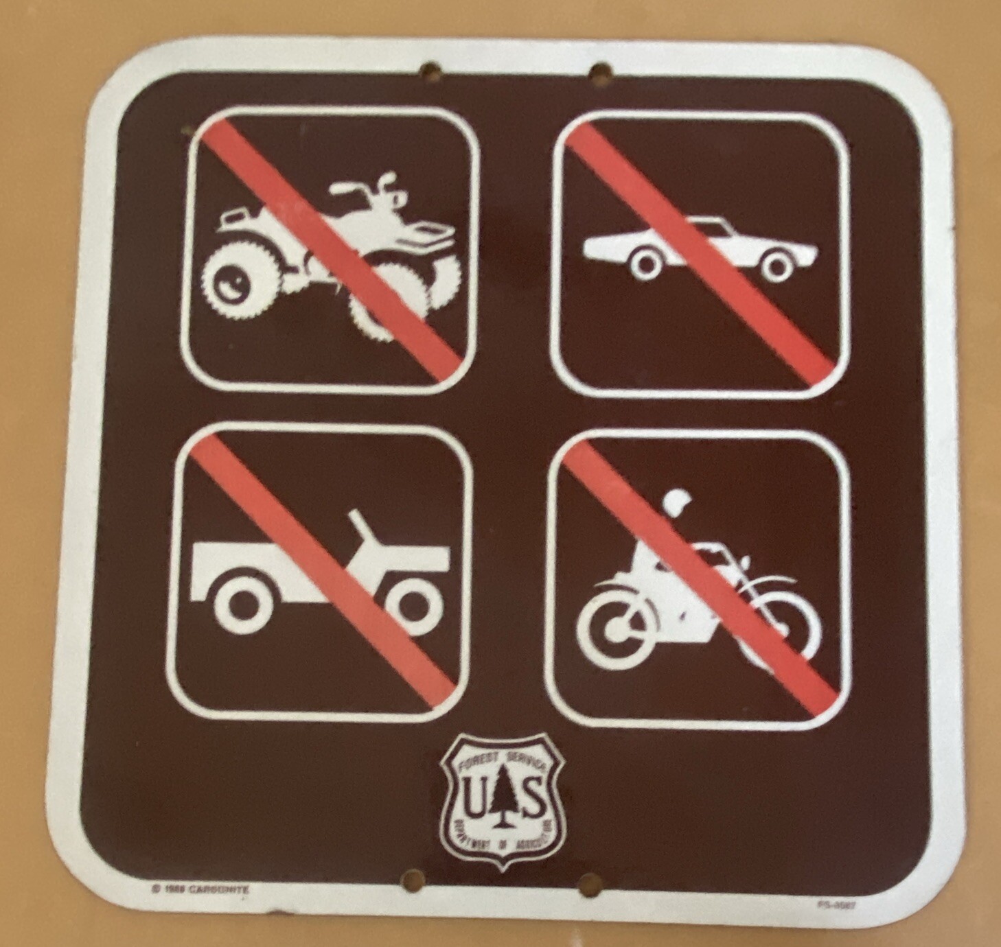 Original 1988 US FOREST SERVICE DEPT. Of Agriculture “NO VEHICLES “ fiber board