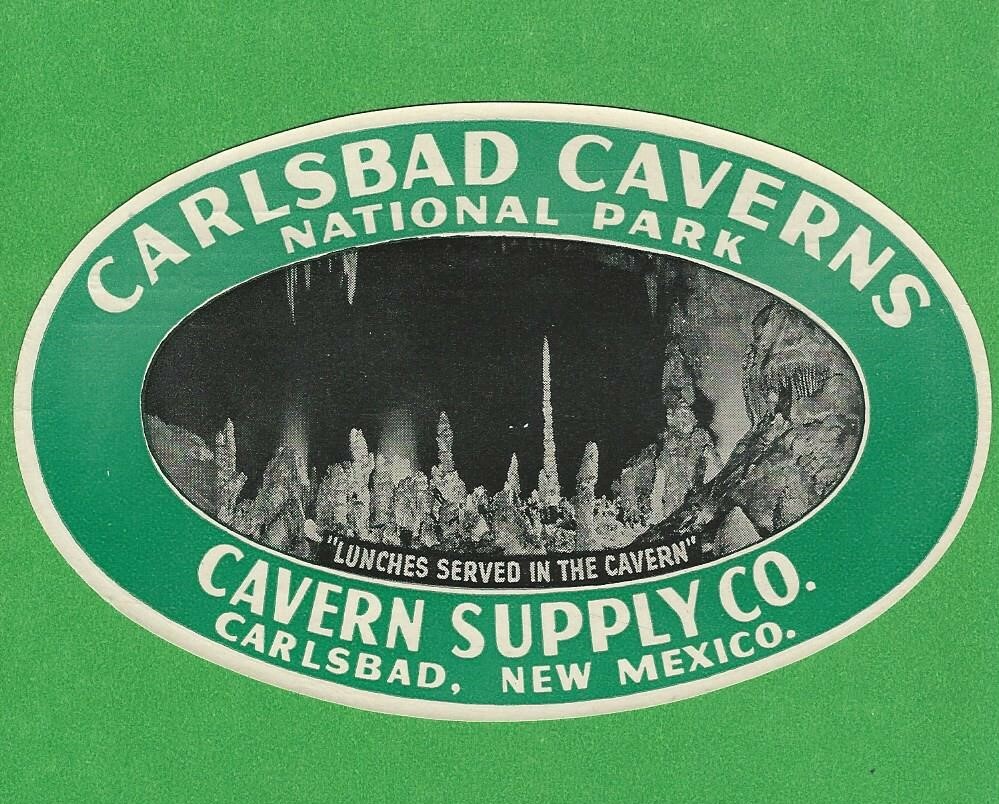 VINTAGE ORIGINAL 1930 “CARLSBAD CAVERNS” NAT. PARK TRAVEL DECAL ART CARLSBAD NM