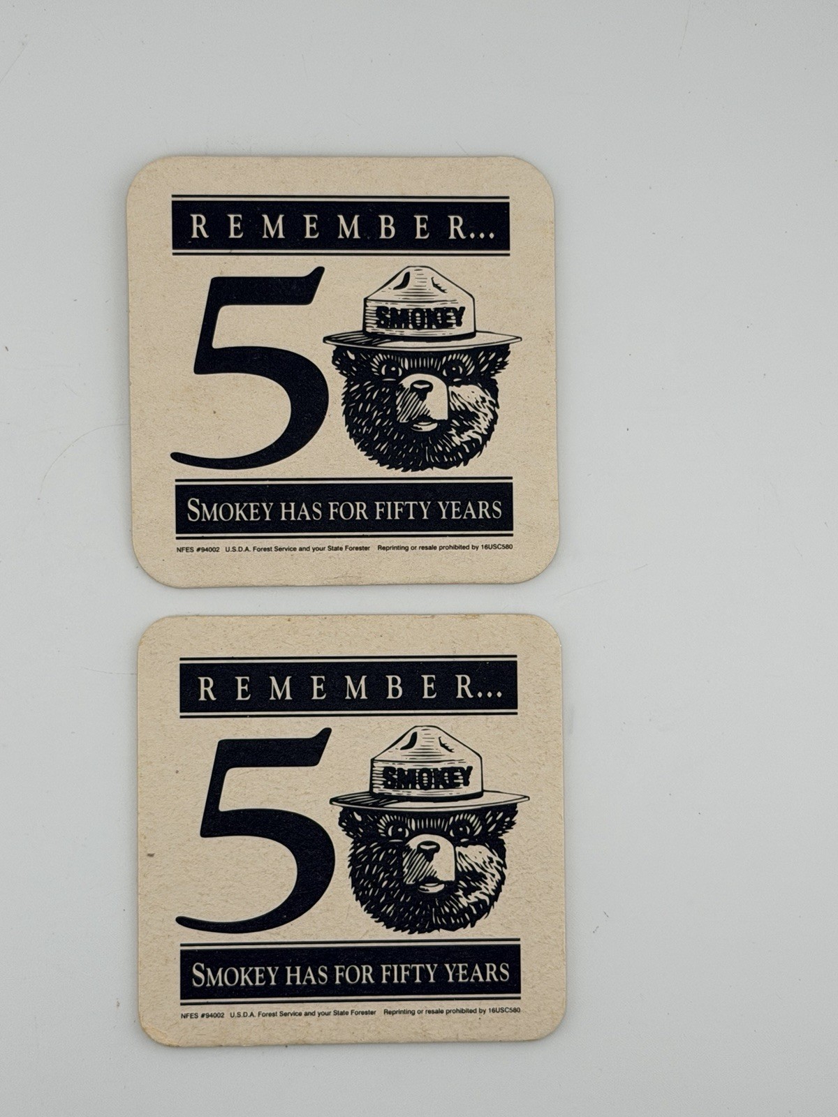 Vintage Smokey Bear 50th Anniversary Coasters USDA Forest Service 1994 Set of 2
