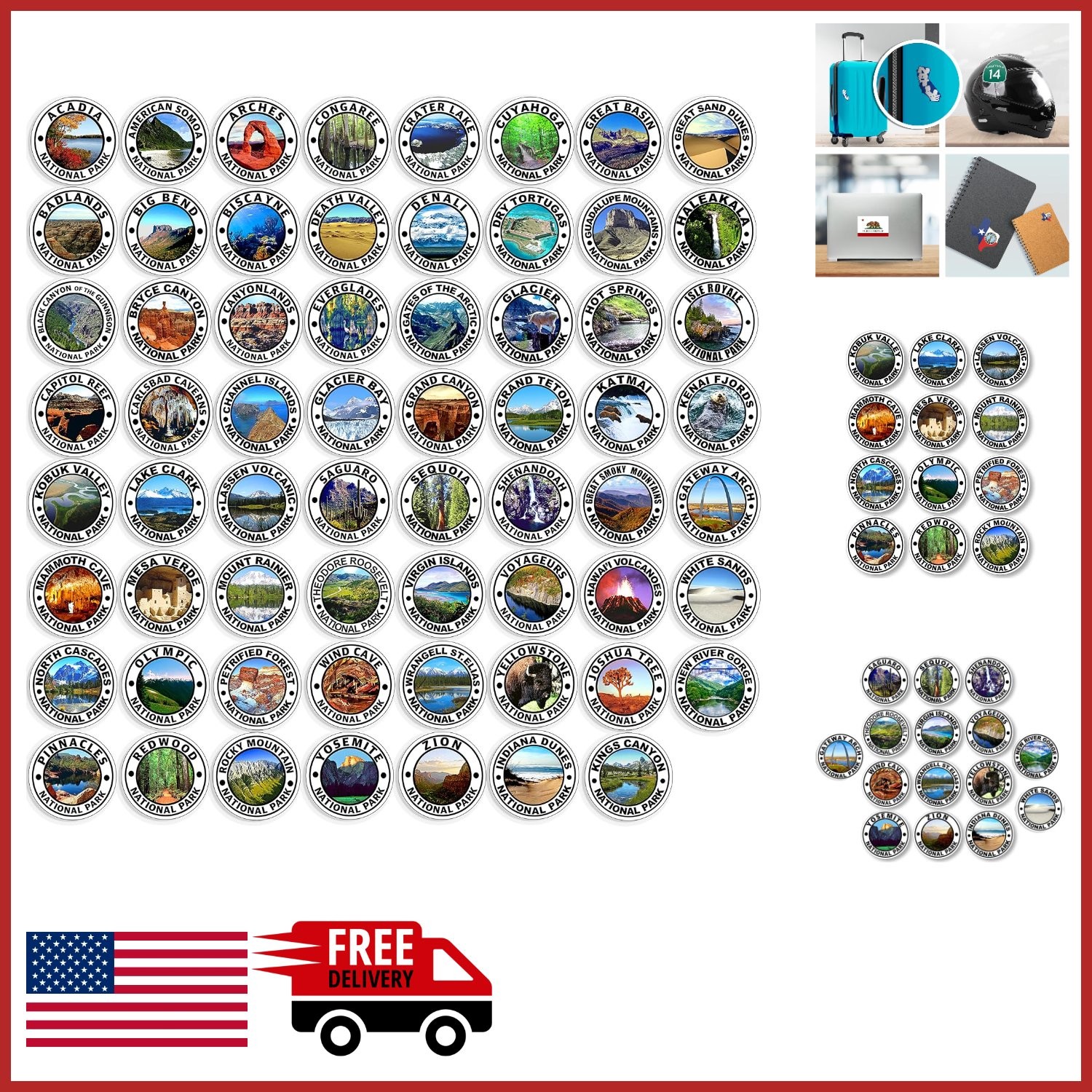 Vinyl National Park Decals 63 Count Round Stickers for Travel and Scrapbook