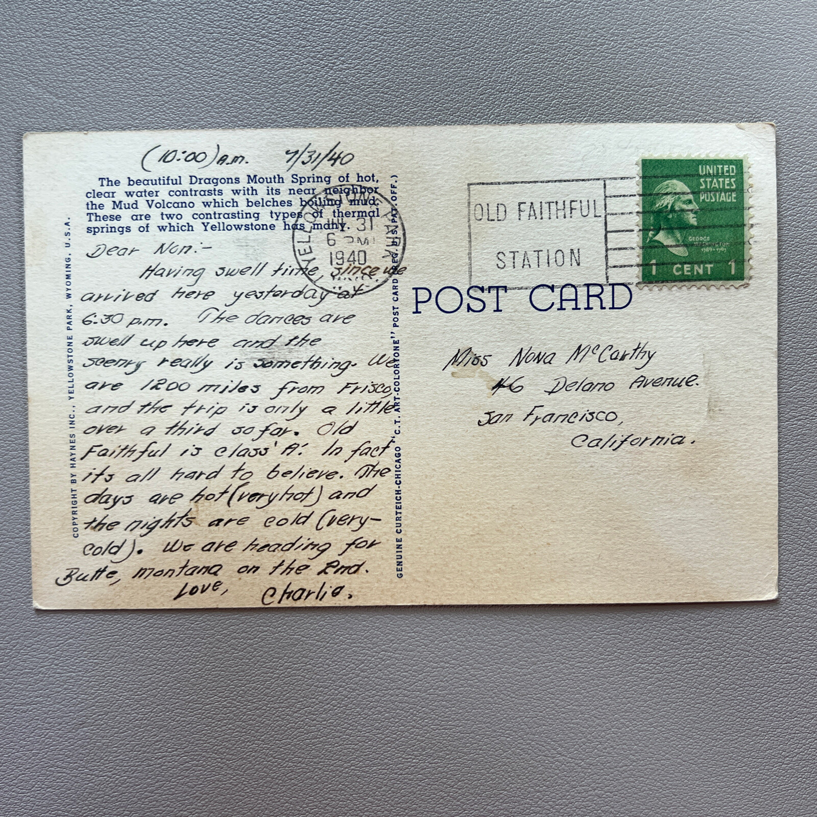 3 Vintage 1940’s Haynes Yellowstone National Park Postcards cancelled/posted