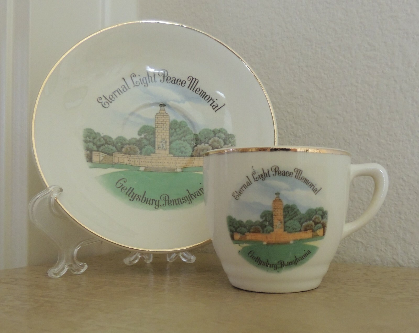 ETERNAL LIGHT Peace Memorial Gettysburg PA Souvenir Demitasse Cup & Saucer ENCO