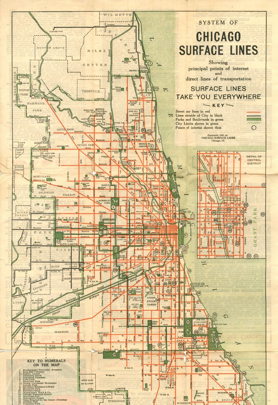 2 Chicago Maps – Surface Lines – 1925 – New Street Number Map (Pocket) Undated?