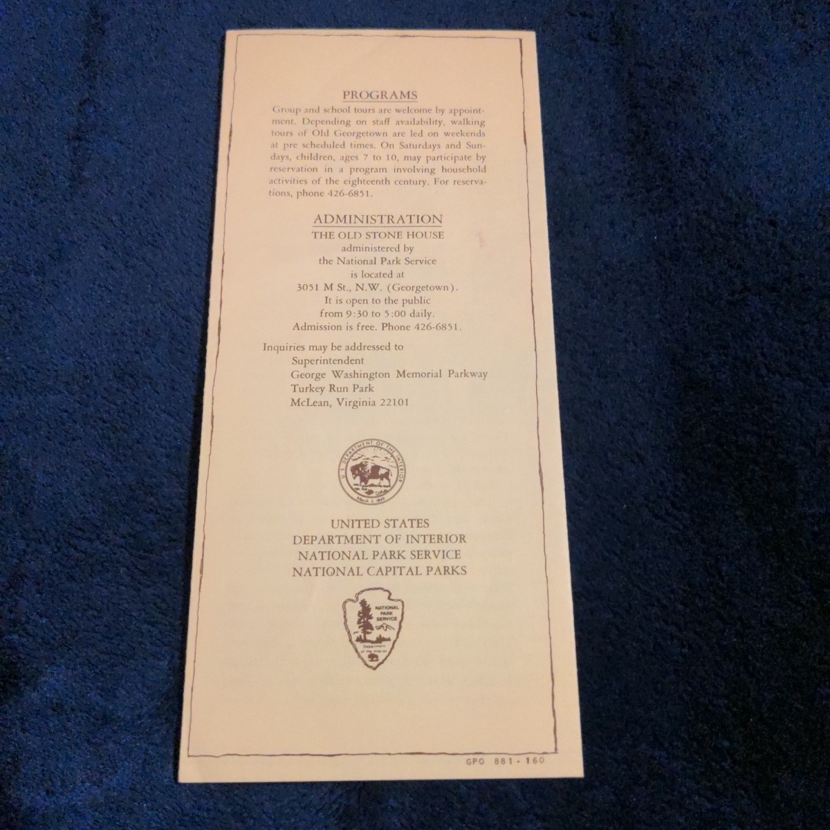 Old Stone House Brochure, Washington DC Georgetown National Park Service 1970s