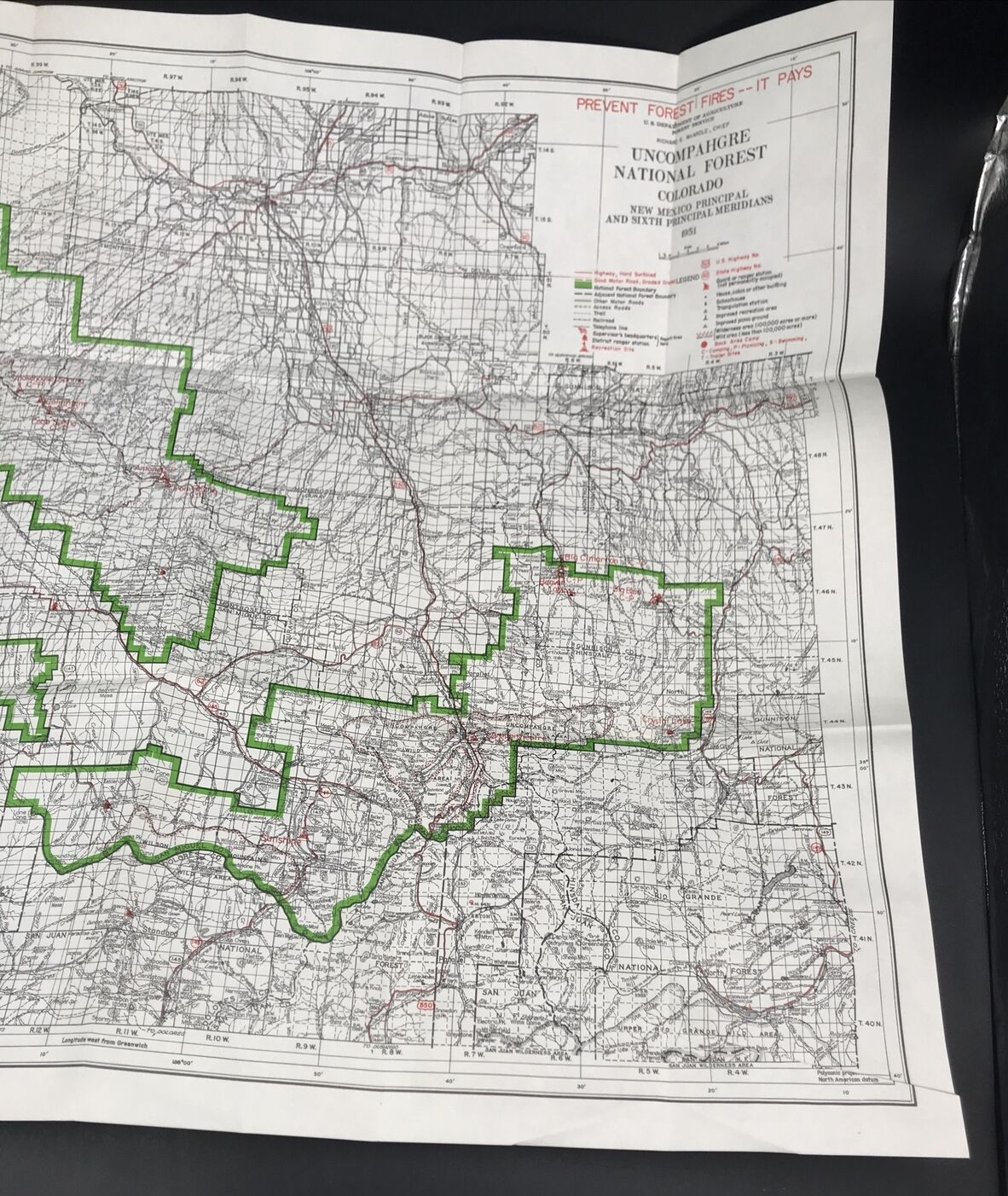 VTG 1951 Uncompahgre National Forest Colorado Map Forest Service Smokey the Bear