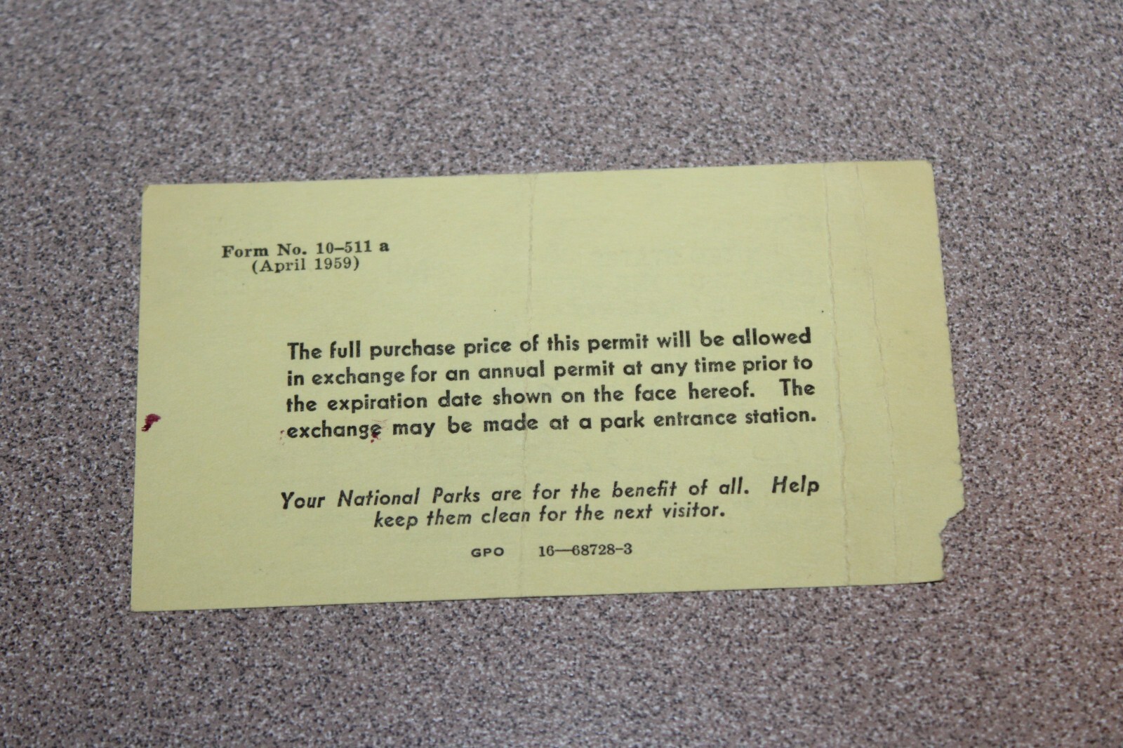 1960 Yellowstone National Park 15-Day Vehicle Permit Car