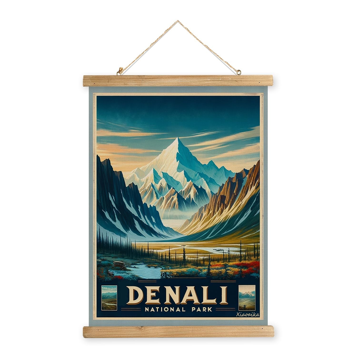 Vintage Denali National Park Travel Poster with Wooden Scroll Frame – Retro Wall
