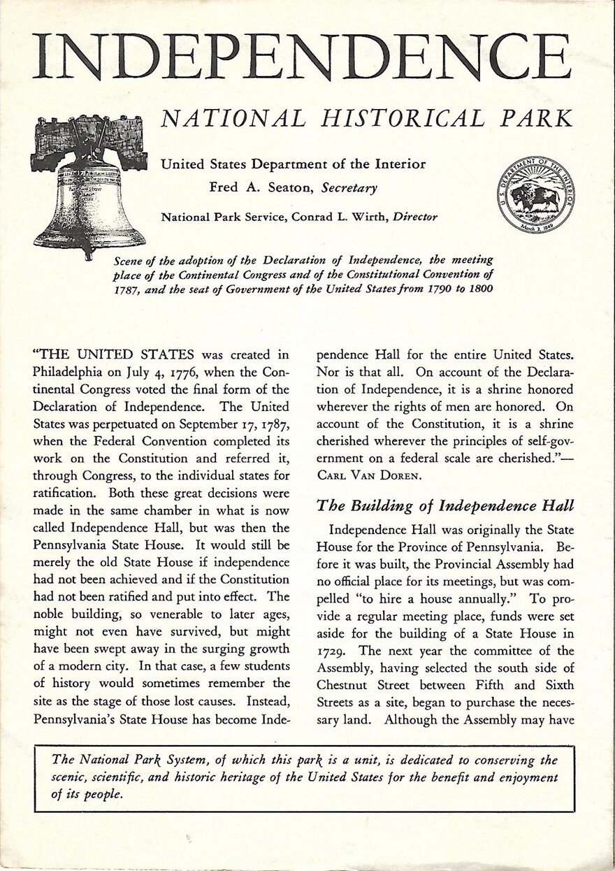 Original 1956 Map Brochure INDEPENDENCE NATIONAL HISTORICAL PARK Pennsylvania