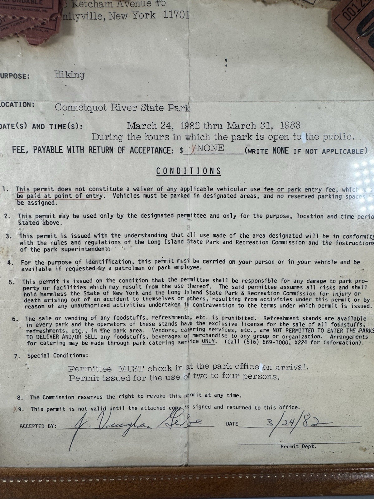 1982 Connetquot River State Park Permit Framed Display Gil Bergen History