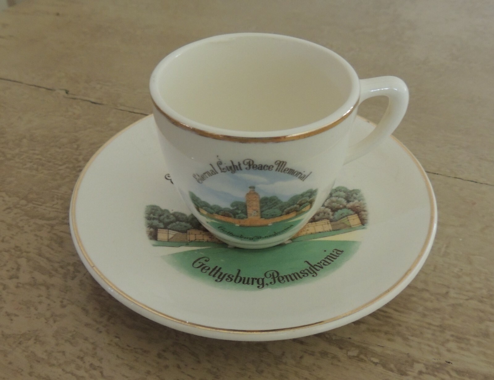 ETERNAL LIGHT Peace Memorial Gettysburg PA Souvenir Demitasse Cup & Saucer ENCO