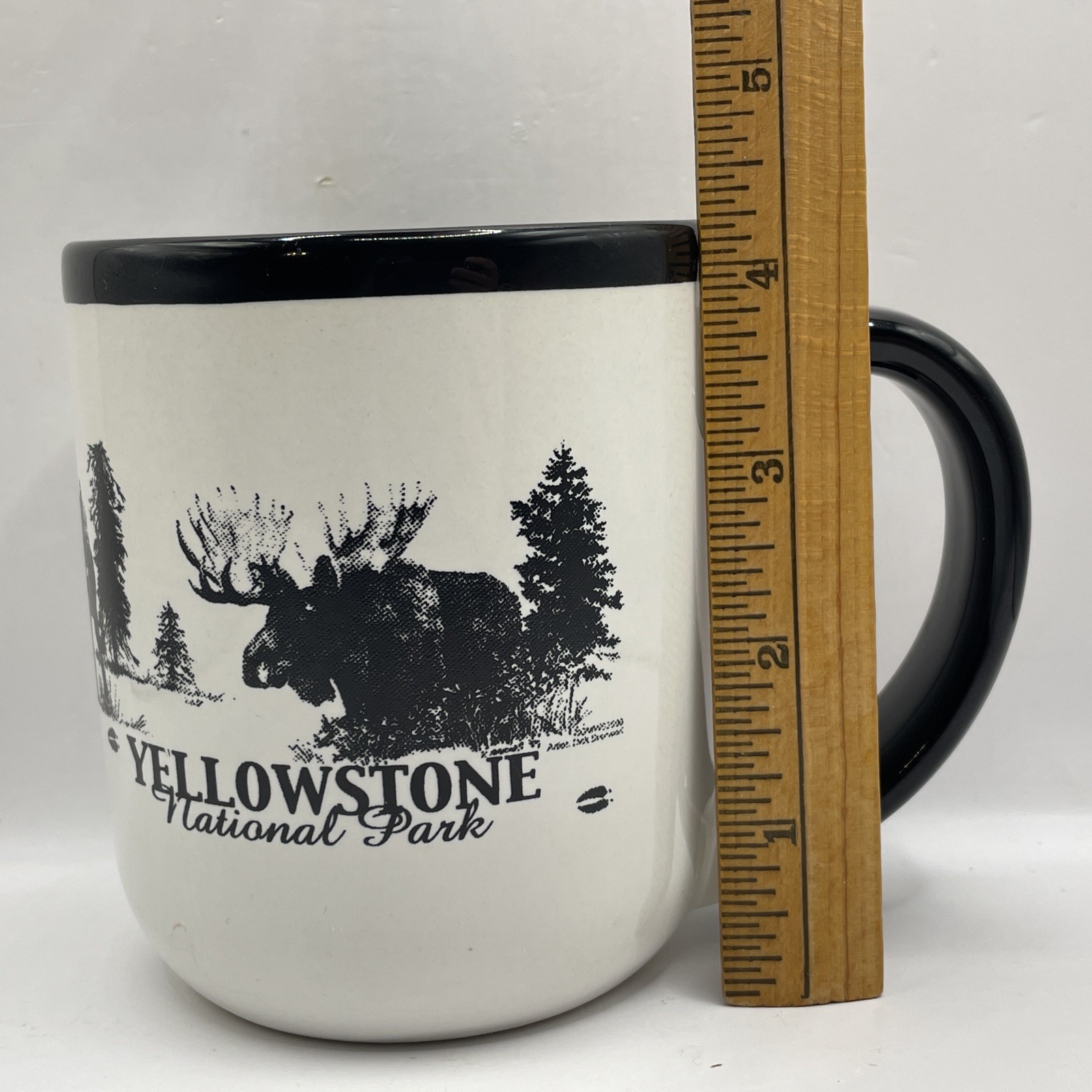 Yellowstone National Park Black & White Coffee Mug Cup with Moose Design EUC