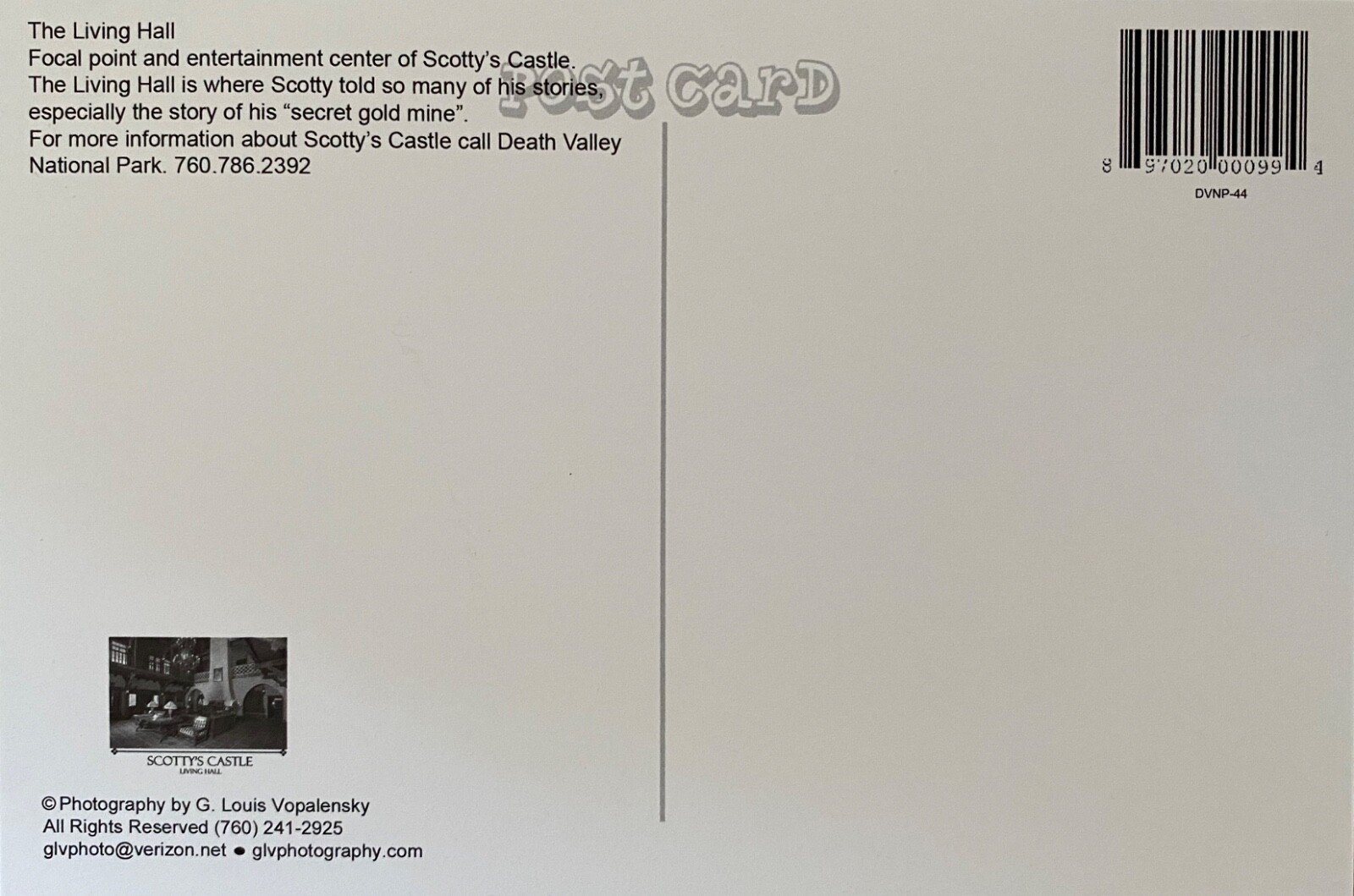 Death Valley National Park – Scotty’s Castle – Living Hall – Postcard – New