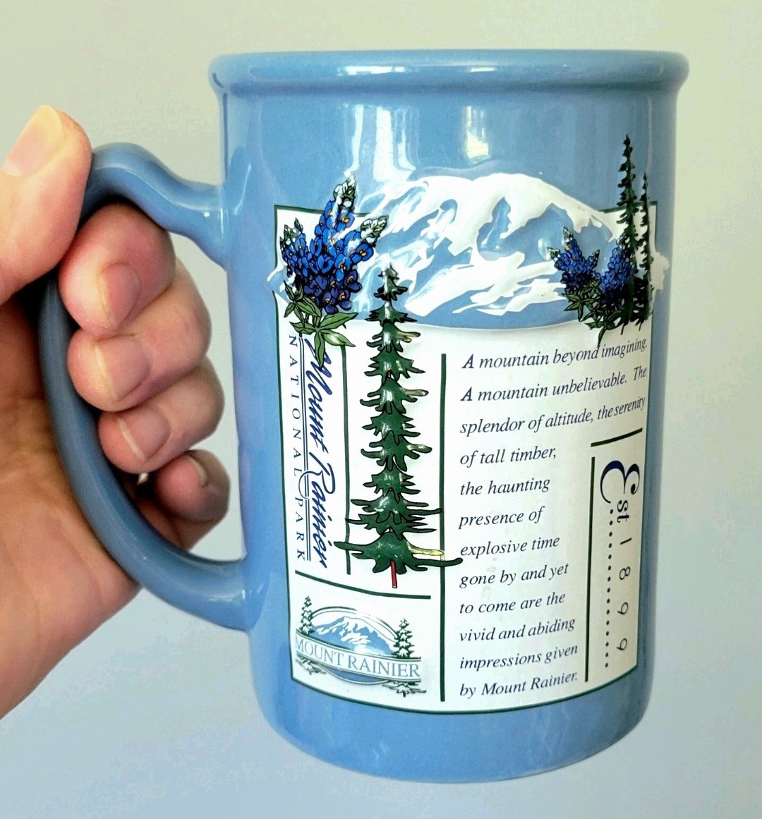Mount Rainier National Park 14oz Souvenir Poem Coffee Mug Cup Blue Vtg 1990s