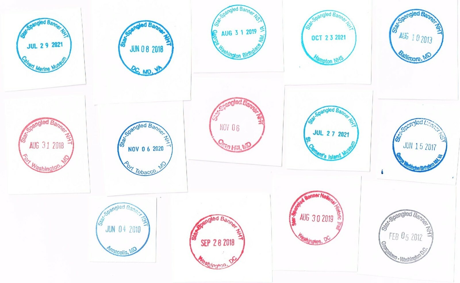 Star Spangled Banner NHT rubber stamp impressions – 14 different