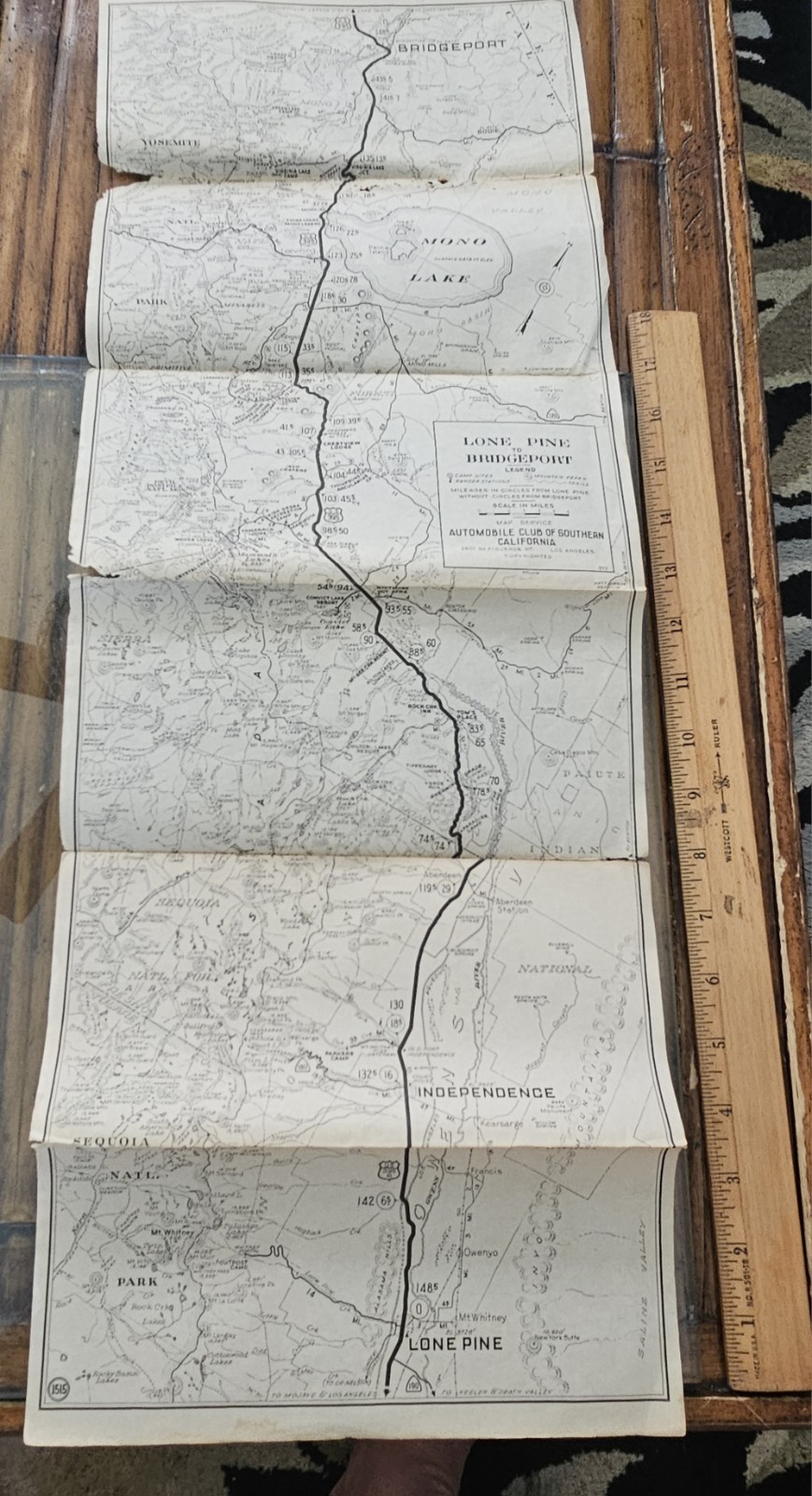 Large 1930s ? Lone Pine Bridgeport Yosemite CALIFORNIA CA Foldout Auto MAP