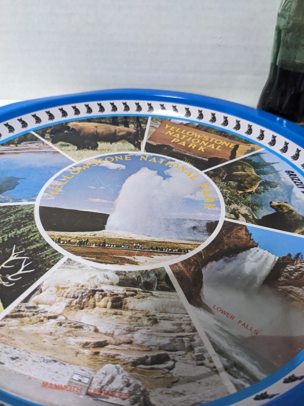 Yellowstone National Park Souvenir Tray Litho Metal 12.5″ Diameter Vintage
