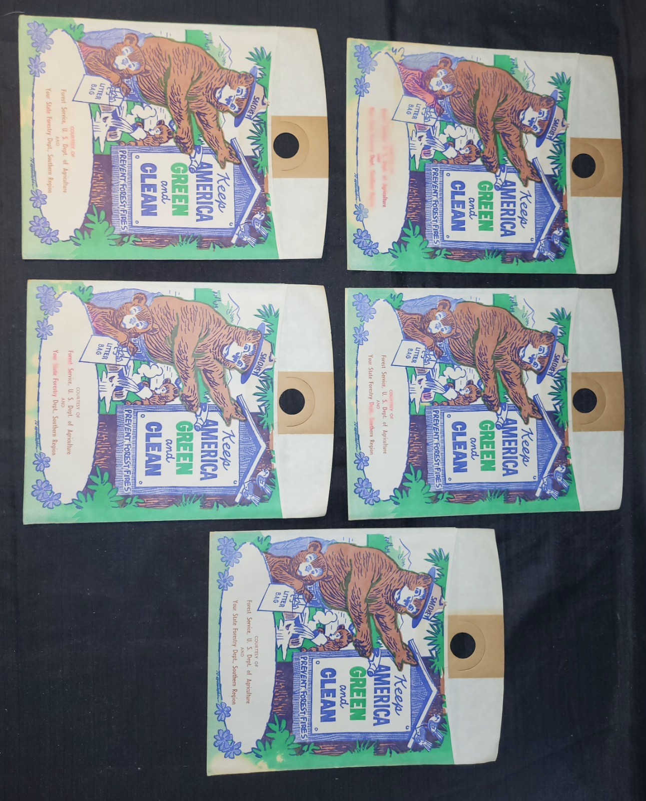 5 Pc Vintage Smokey Bear “Keep America Green and Clean” Car Litter Bags Lot