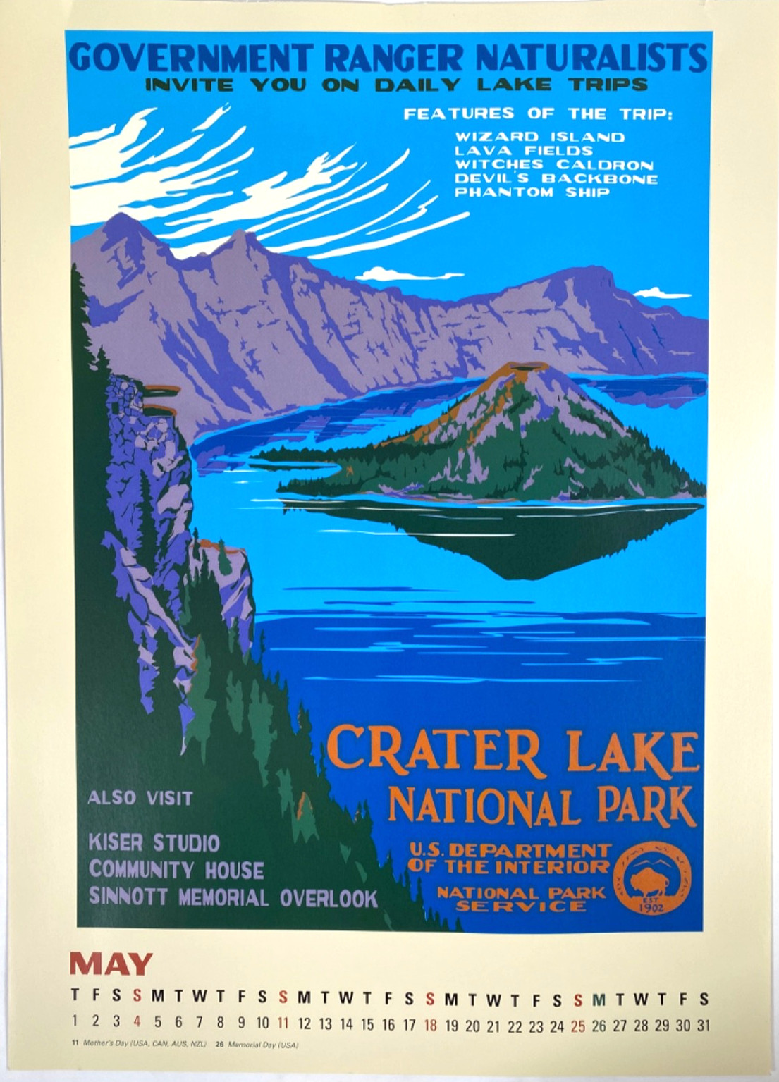 2014 CRATER LAKE NATIONAL PARK calendar poster print OREGON, DEPT. OF INTERIOR