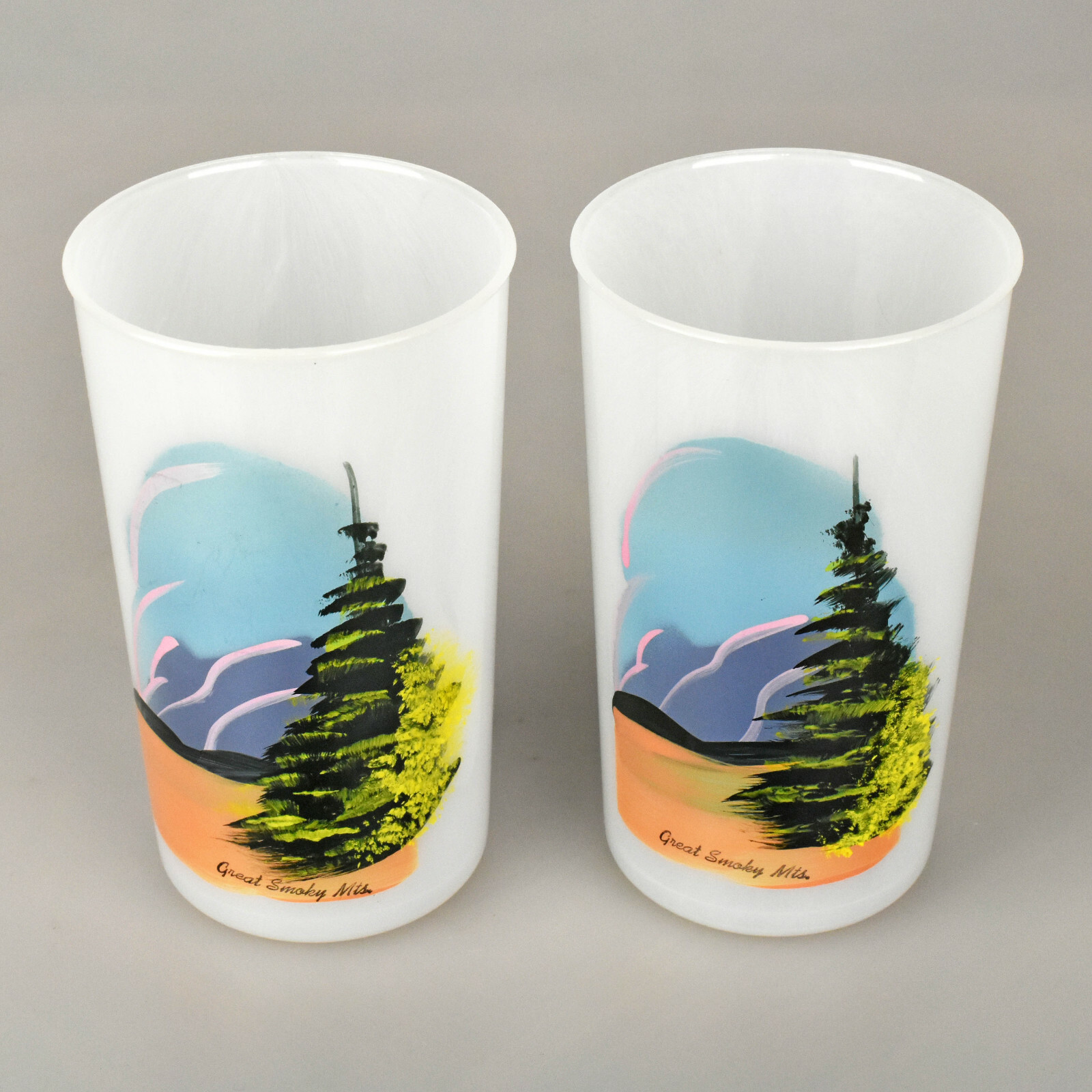 Pair of VTG Beacon Plastics Tumbler Cups with Hand Painted Great Smoky Mountains