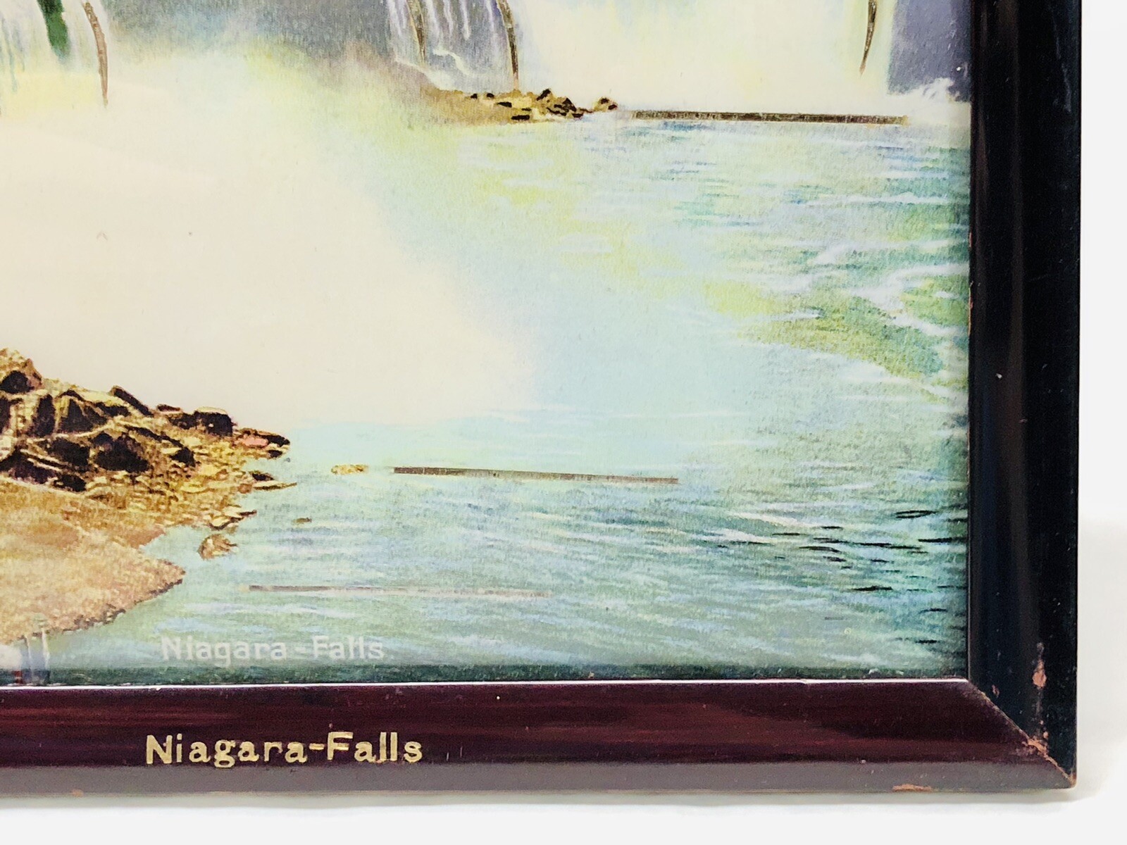 VTG Niagara Falls Lithograph Print Curved Glass Picture Wood Frame Stand Germany