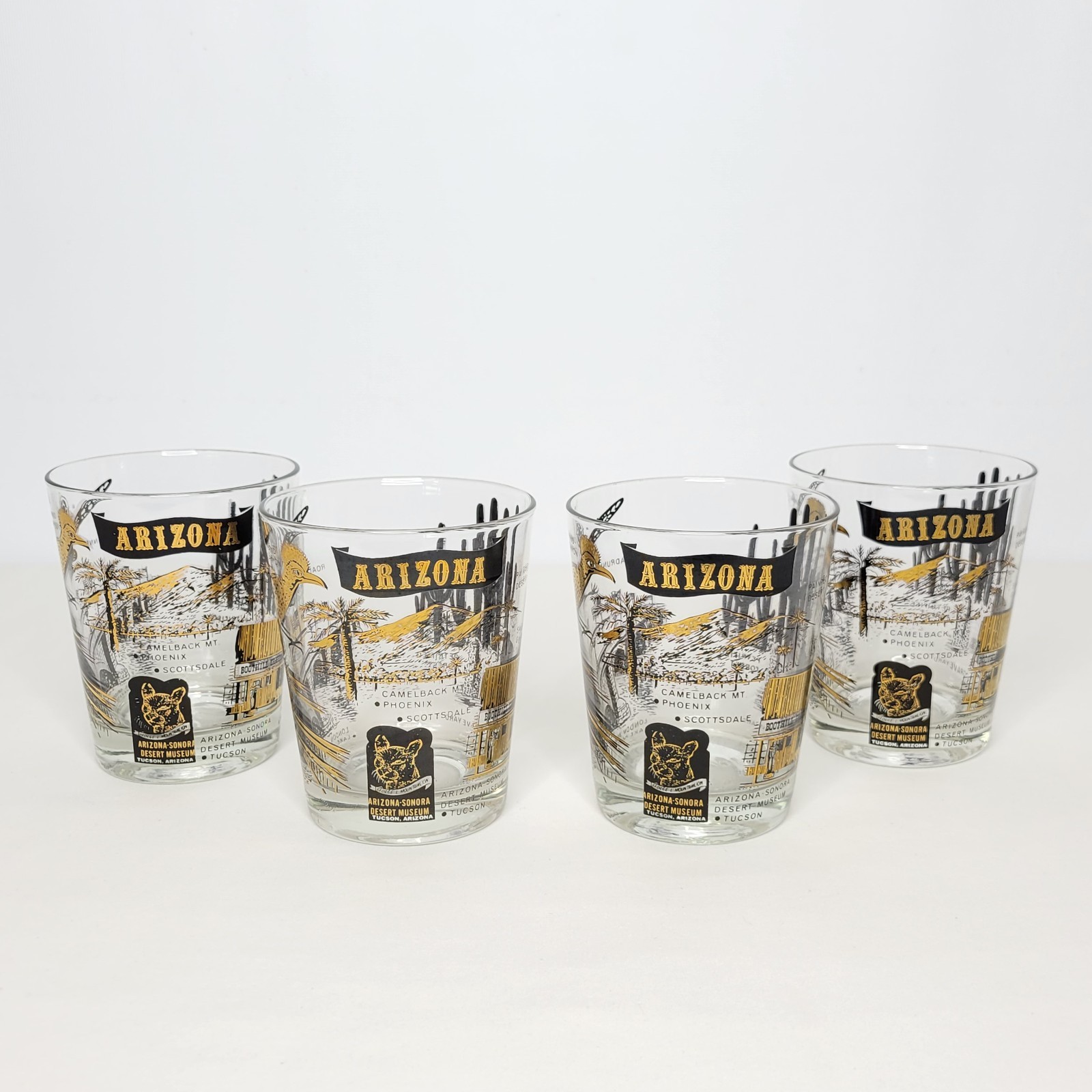Set of 4 Vintage Mid Century Arizona Parks Low Ball Glasses Black and Gold
