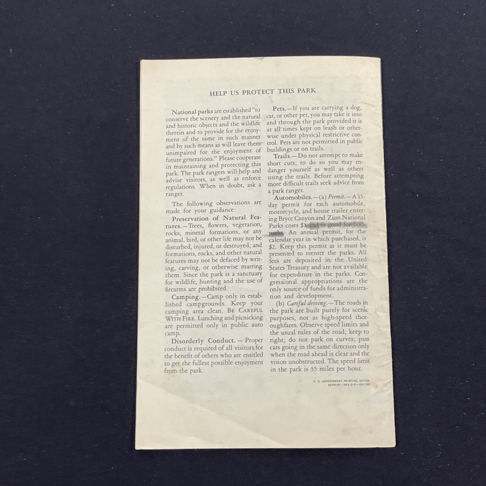 Vtg 1954 Bryce Canyon National Park Brochure Cedar Breaks Pamphlet Map Bookle