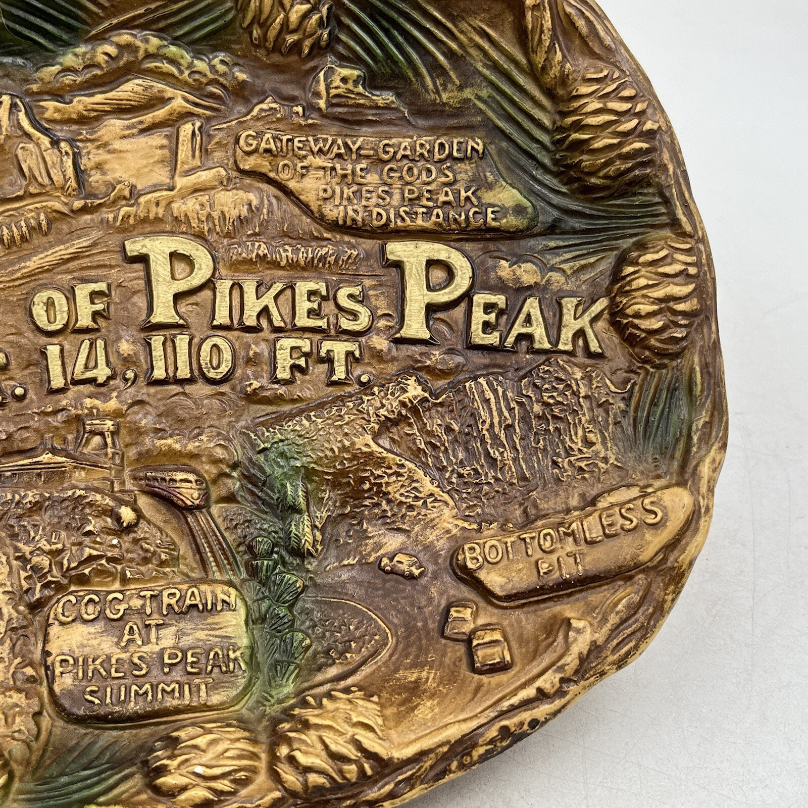 Vintage Pikes Peak Region Souvenir Faux Wood Bowl Plate Wall Hanging