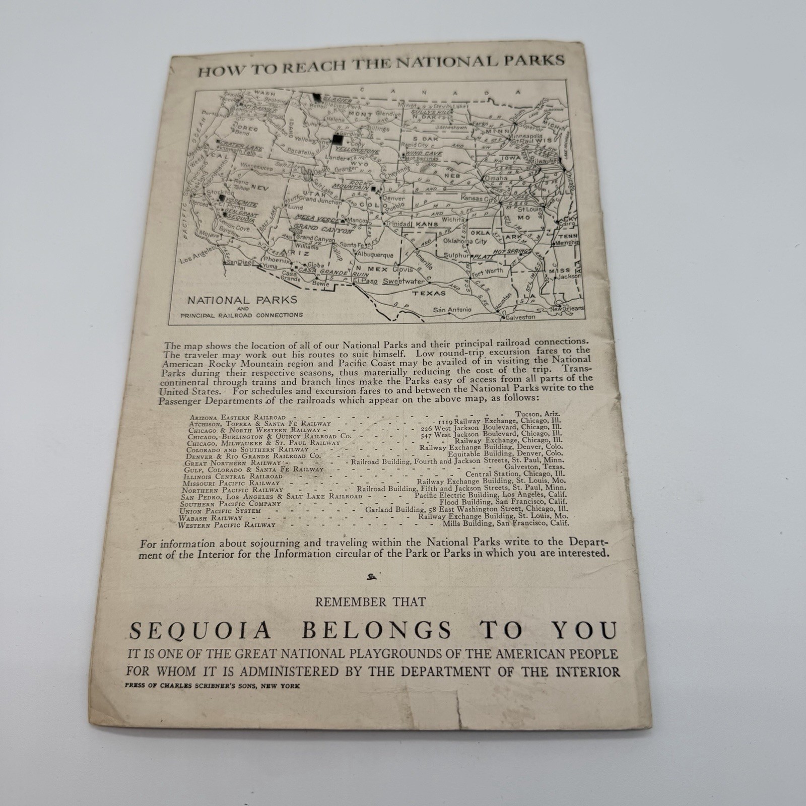 “SEQUOIA “The Big Tree National Park U S Dept of The Interior Booklet – 1916