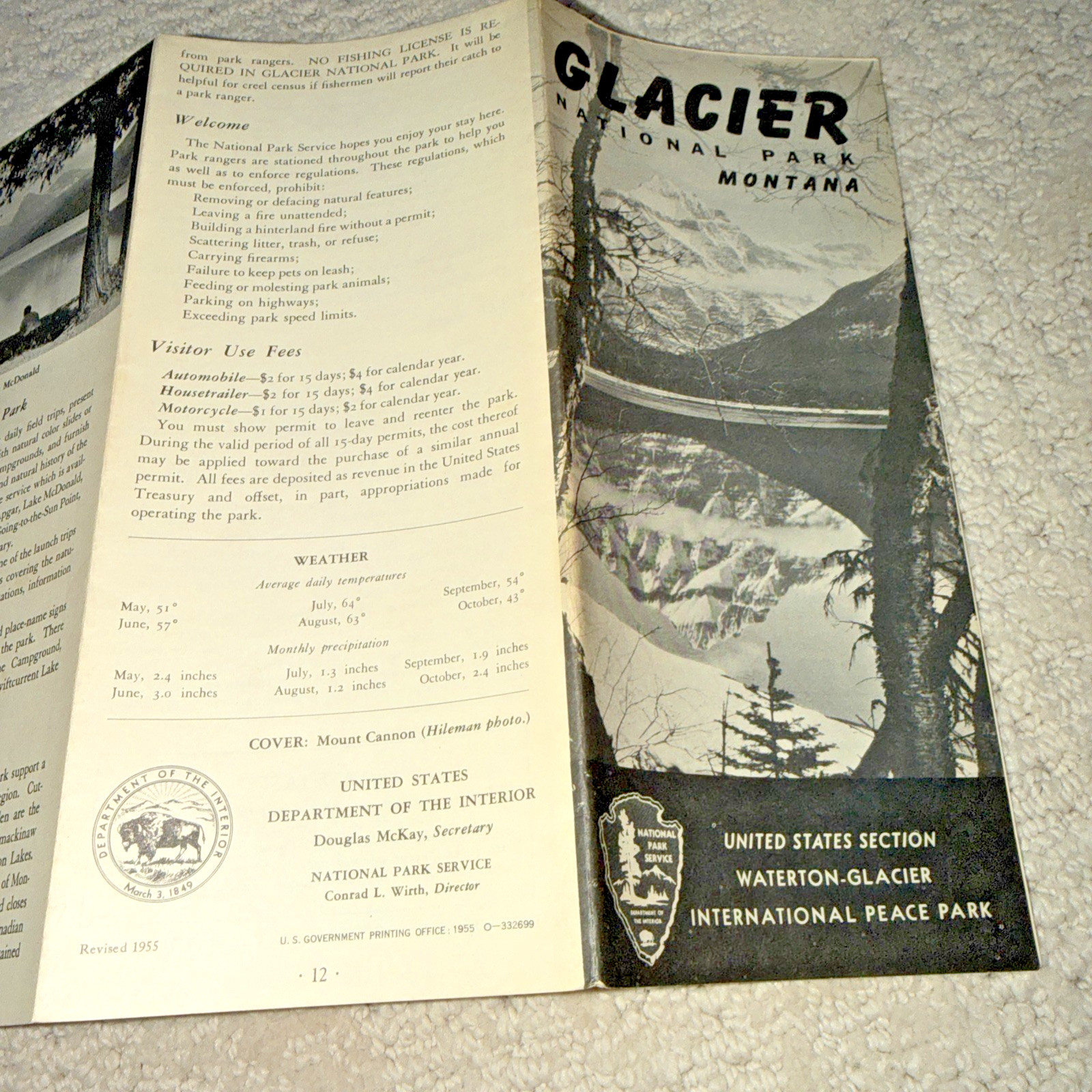 1950s GLACIER NATIONAL PARK Pewter BEAR KEYCHAIN / FOB & Brochure / Map