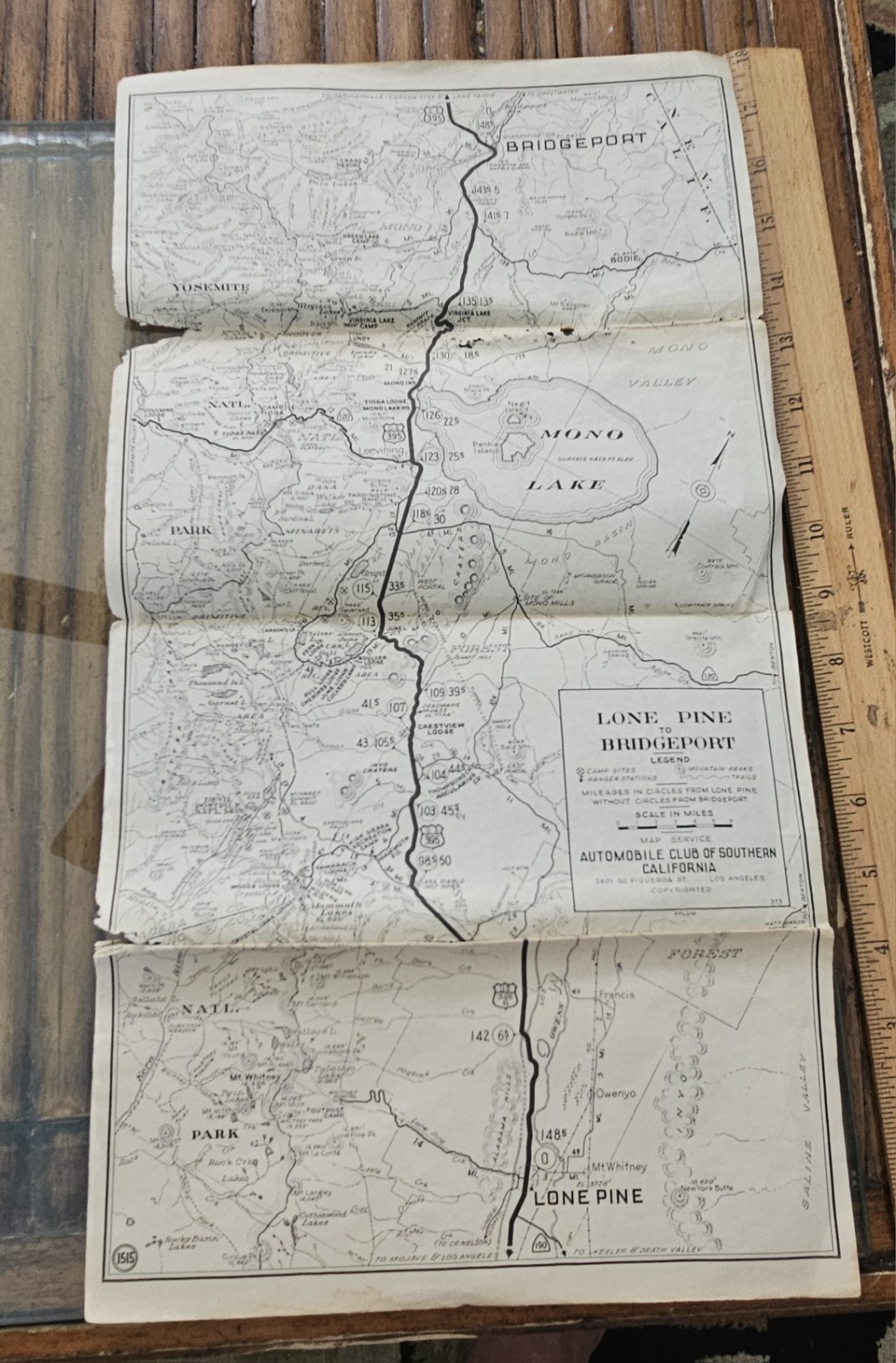 Large 1930s ? Lone Pine Bridgeport Yosemite CALIFORNIA CA Foldout Auto MAP