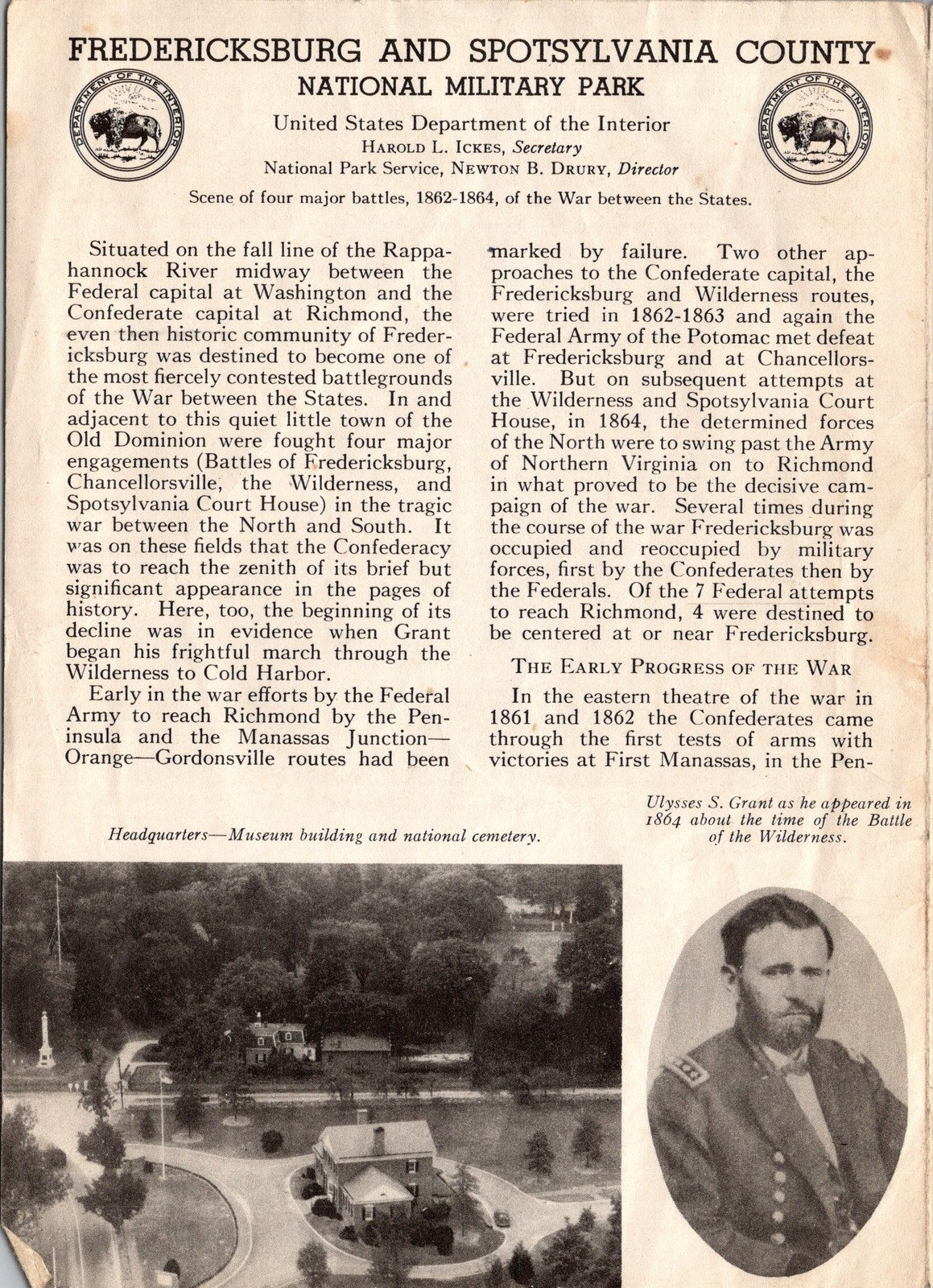 1942 Fredericksburg and Spotsylvania County National Military Park Brochure Map