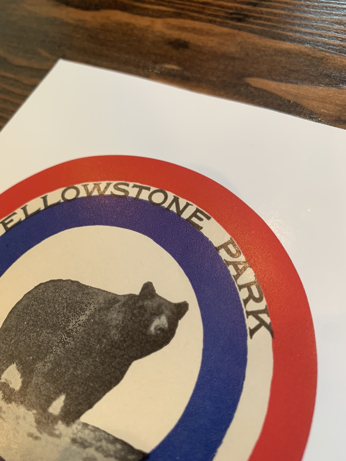 VINTAGE YELLOWSTONE PARK HOTELS RED WHITE BLUE TARGET STICKER BROWN GRIZZLY BEAR