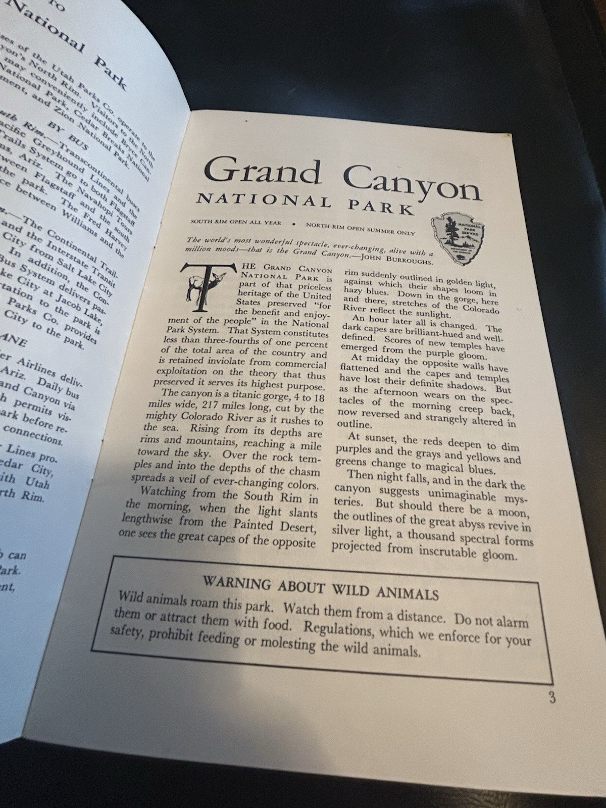1956 Grand Canyon National Park Dept Of Interior 16 Pg Booklet