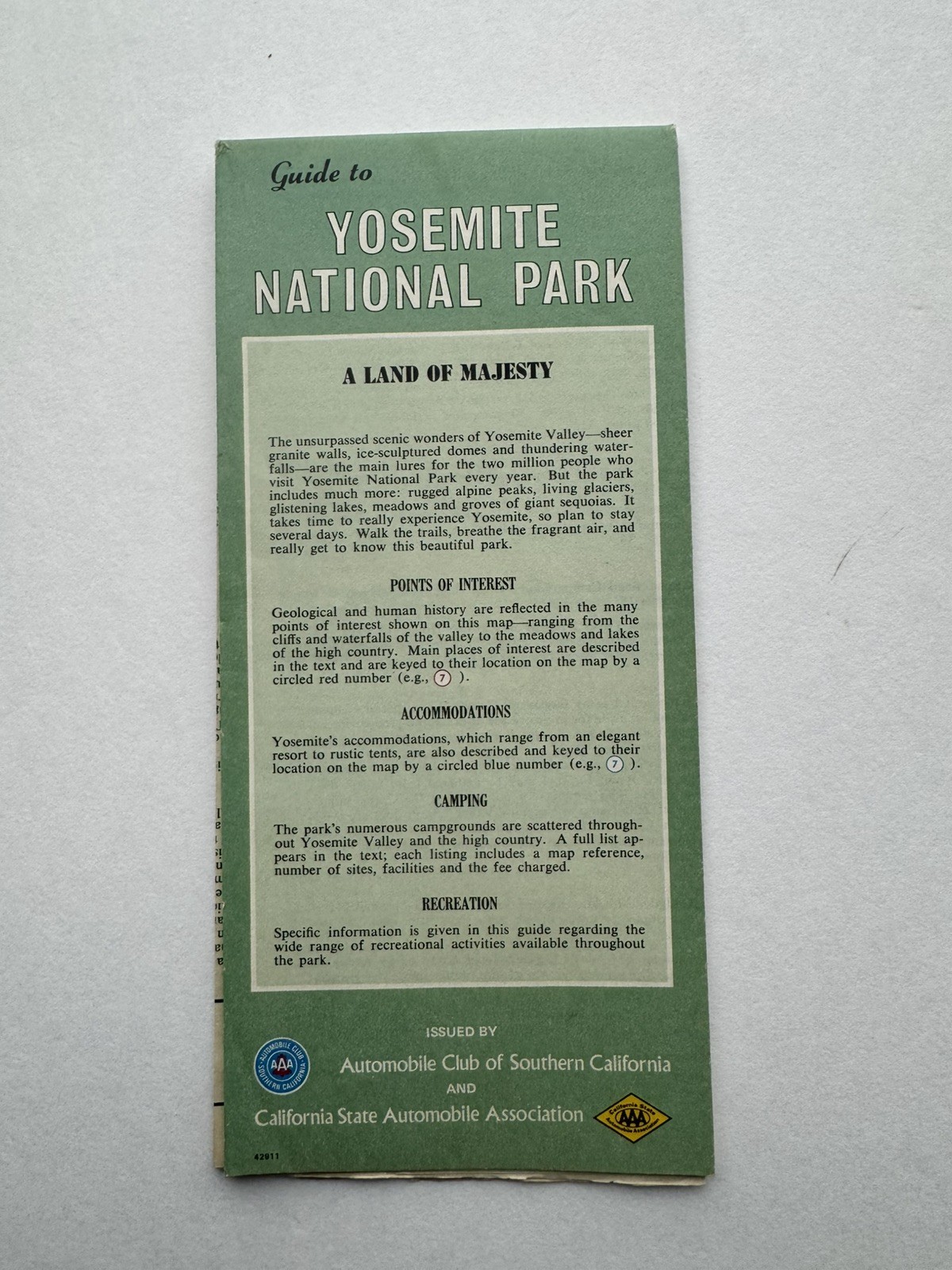 1977 Guide to Yosemite National Park Fold Out Map AAA