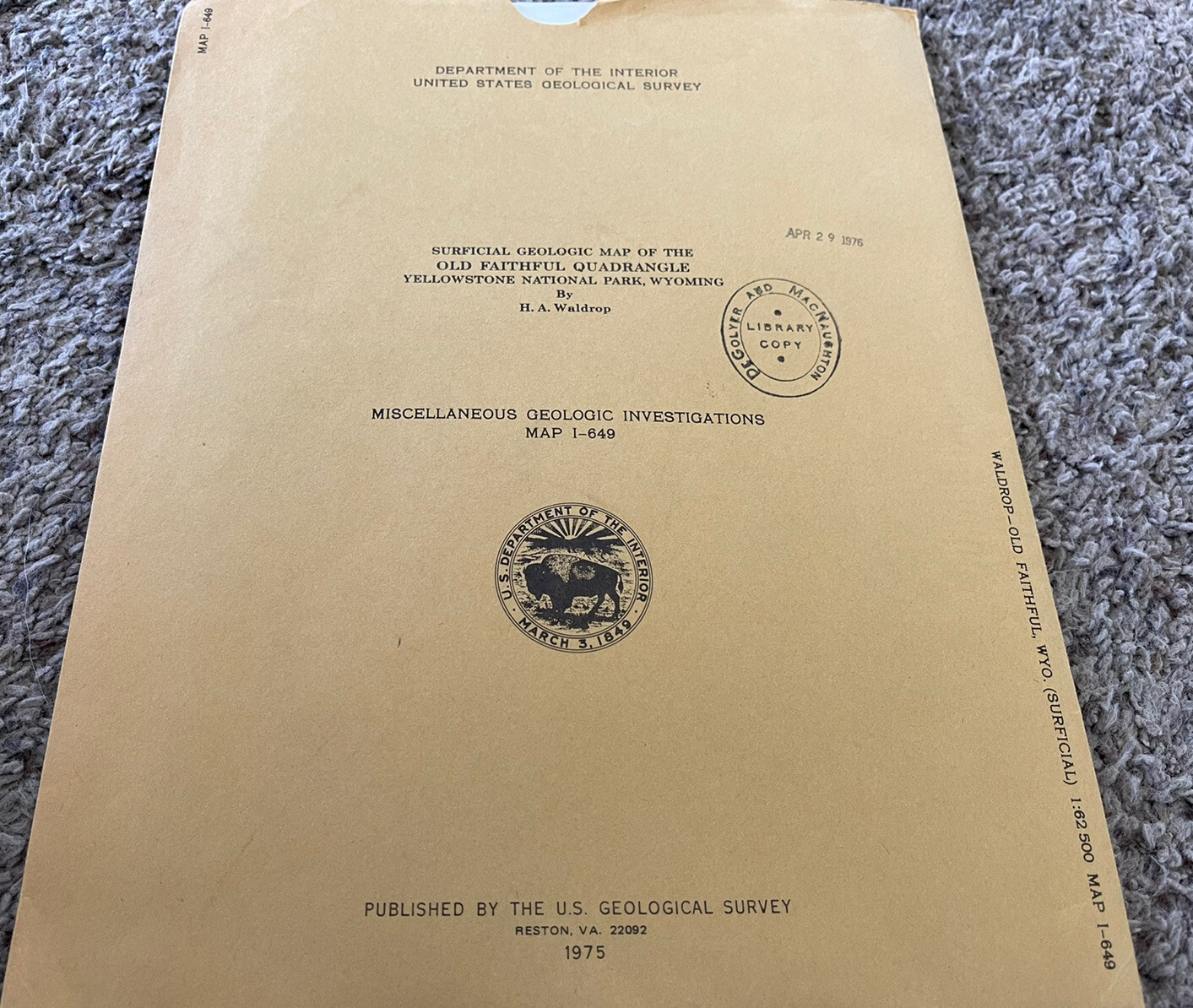 1975 U.S. Geologic Survey Map OLD FAITHFUL Quadrangle, Yellowstone National Park