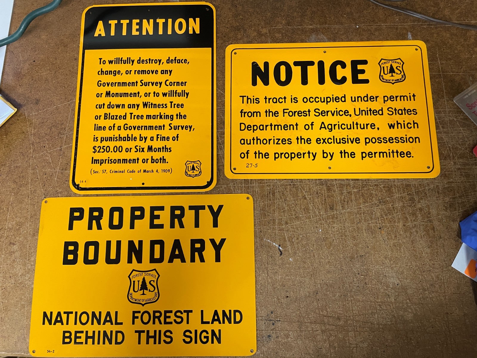 3 VINTAGE US FOREST SERVICE LOT property boundary sign national smokey bear PARK