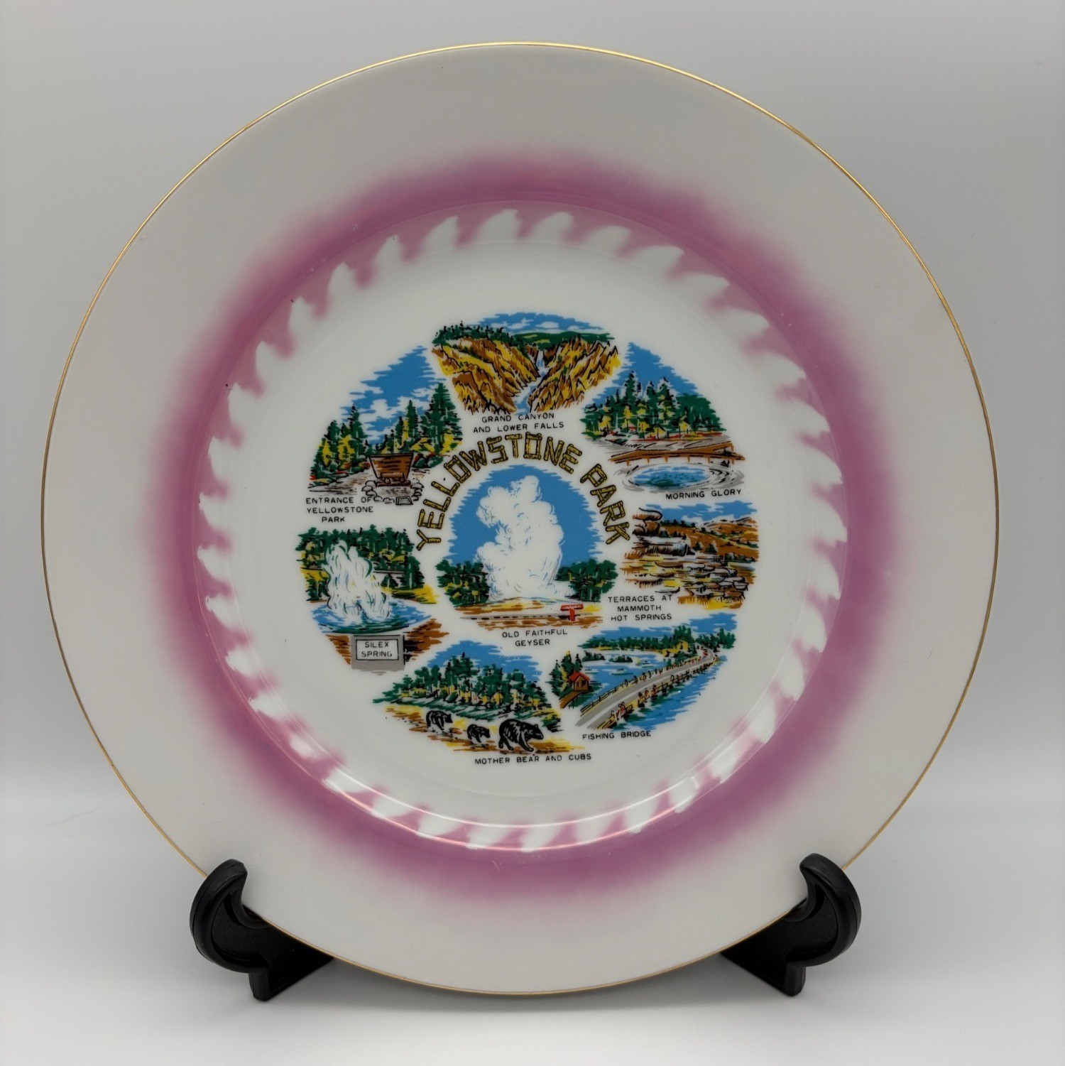 Vintage Yellowstone Park Souvenir Plate Japan Old Faithful Pink Gold Rim 10.25in
