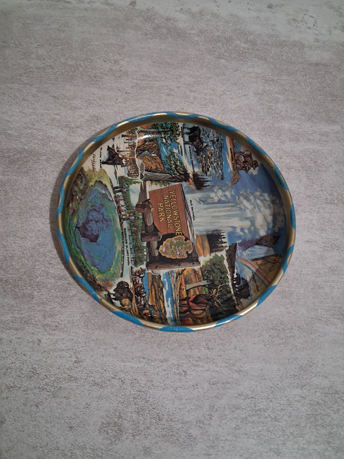 Vintage Yellowstone National Park Souvenir Dish Plate Tray Tin 5.5″ Round