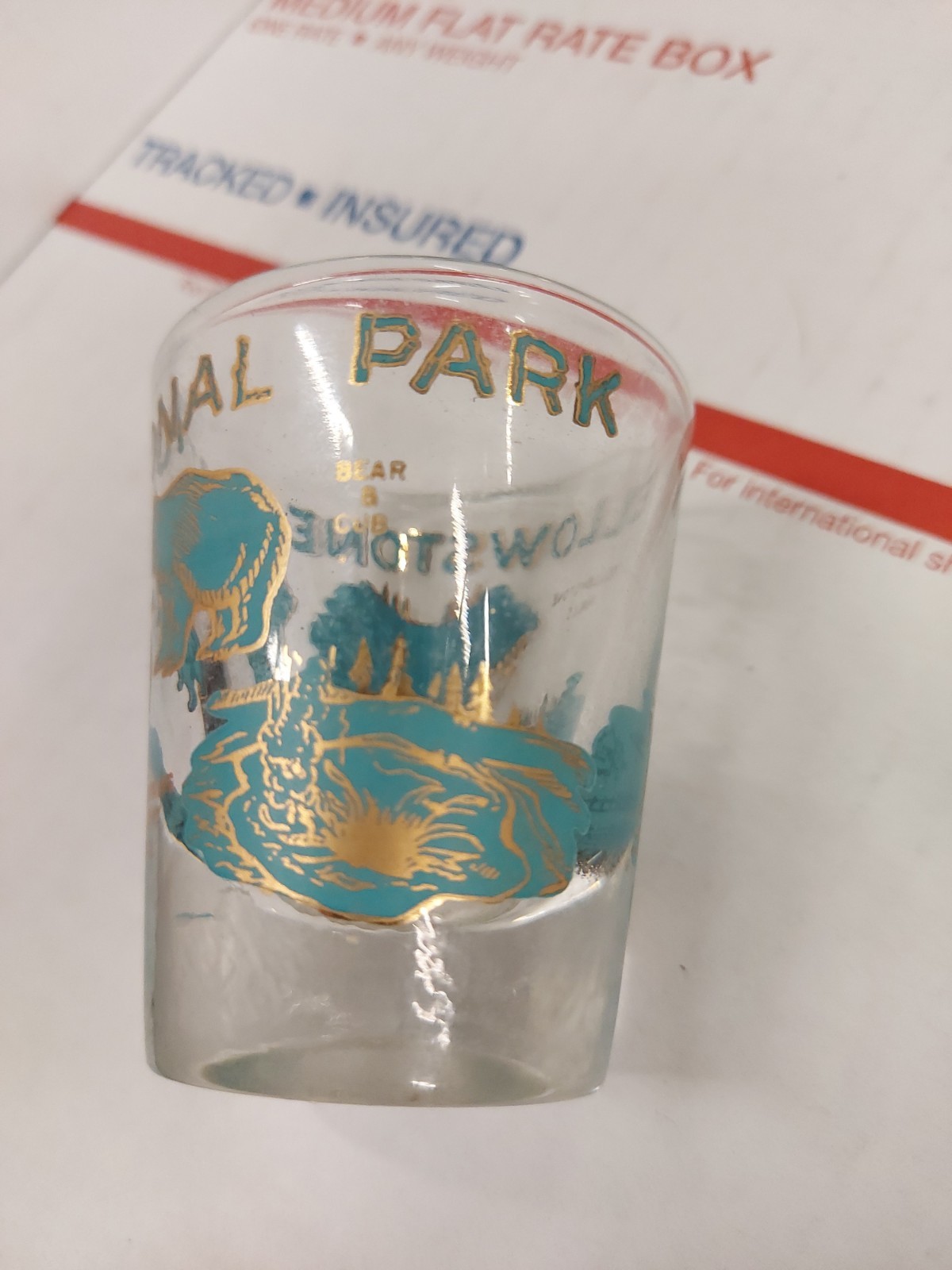 VTG Yellowstone National Park Souvenir Glass Tall, Blue/Gold