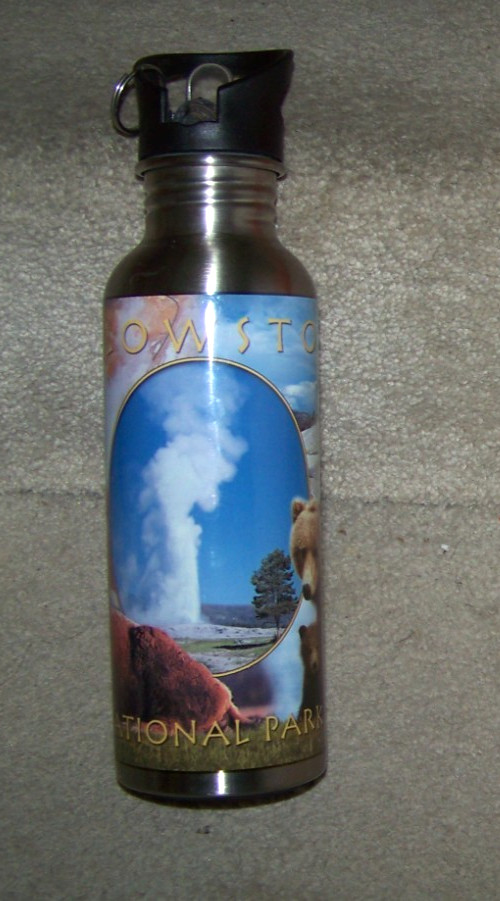 Yellowstone National Park aluminum metal travel bottle Old Faithful bears buffs