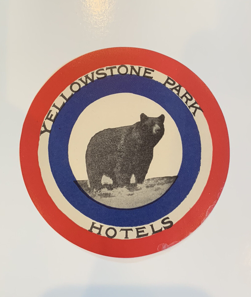 VINTAGE YELLOWSTONE PARK HOTELS RED WHITE BLUE TARGET STICKER BROWN GRIZZLY BEAR