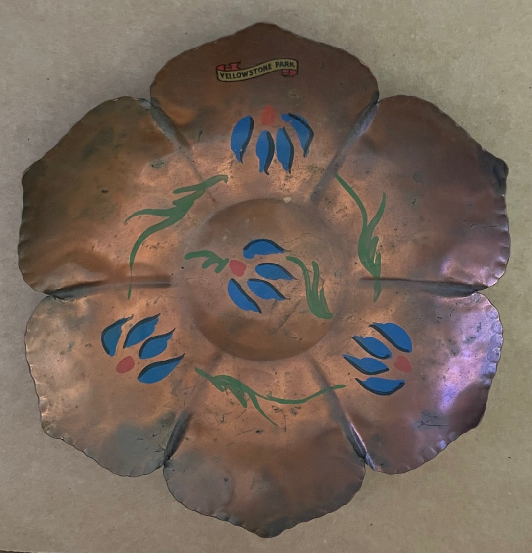 Vintage YELLOWSTONE Souvenir Copper Bowl Folk Art Painted Flowers Floral