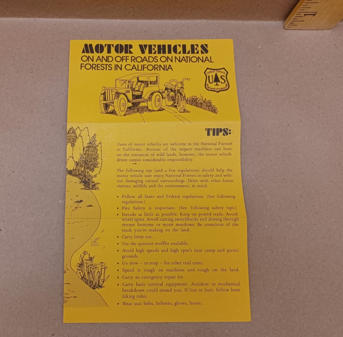 1976 US Forest Service Leaflet, Motor Vehicles “Tips, Regulations, Fire Safety”