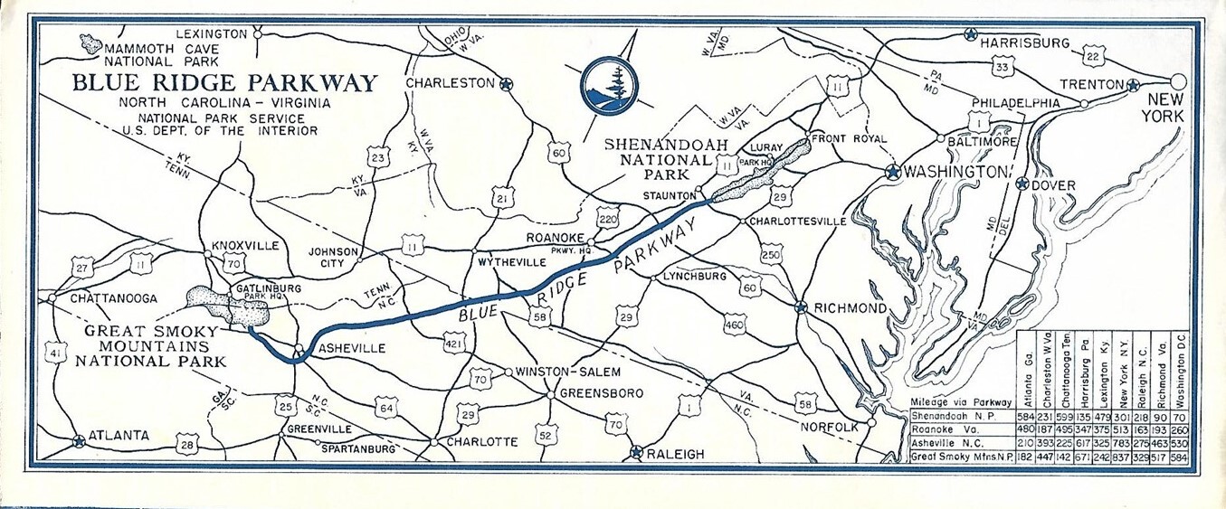 Official 1957 BLUE RIDGE PARKWAY Road Map Travel Guide Virginia North Carolina